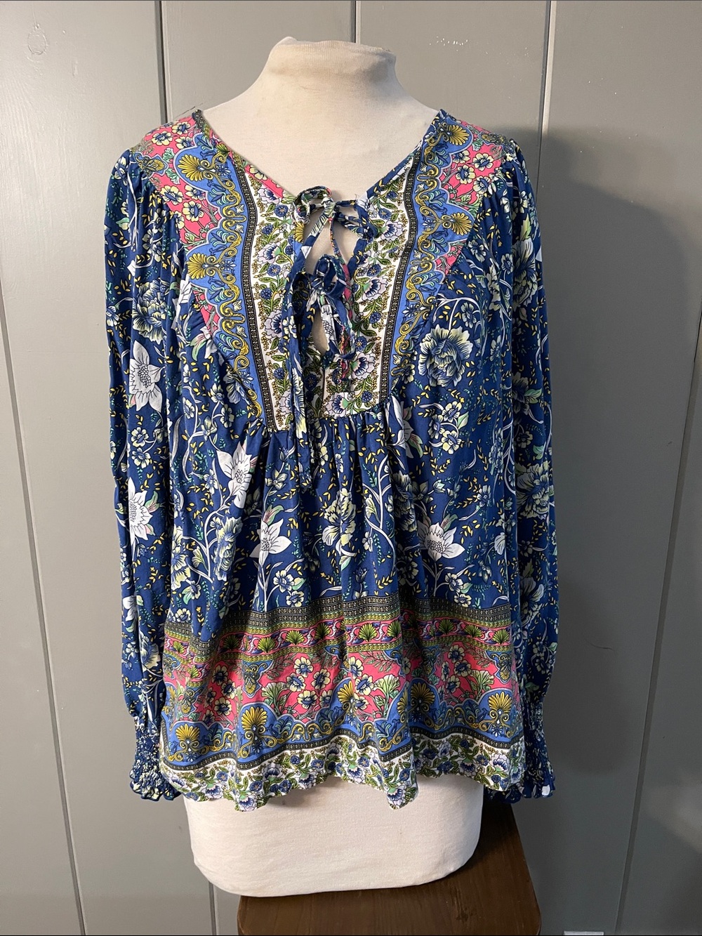 Zaful Blouse Blue Pink Floral Boho Hippie Festival Artsy Fairy